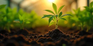 Gesunde Cannabispflanze mit flauschigen Wurzeln im Frühstadium.