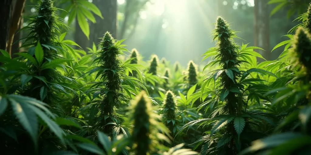 Gesunde Cannabispflanzen im dichten Wald bei Sonnenlicht.