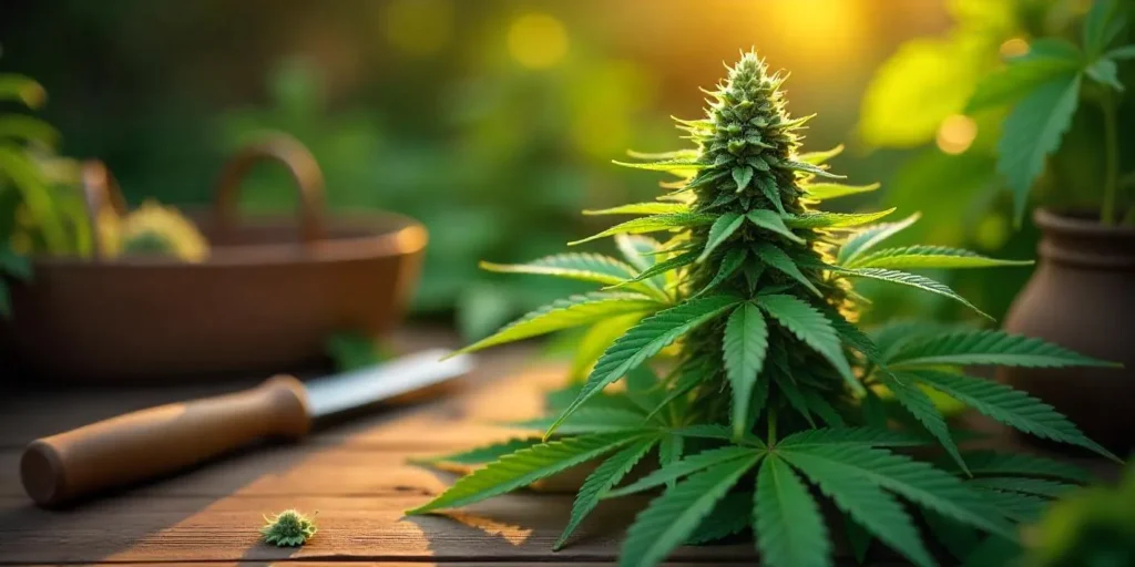 Gesunde Cannabispflanze im Garten bei Sonnenuntergang mit klaren grünen Blättern.
