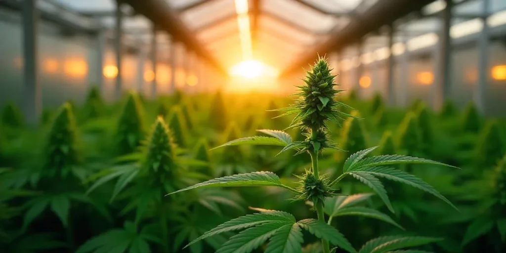 Cannabispflanzen im Gewächshaus unter optimaler Lichteinstrahlung zur Steigerung der Photosynthese.