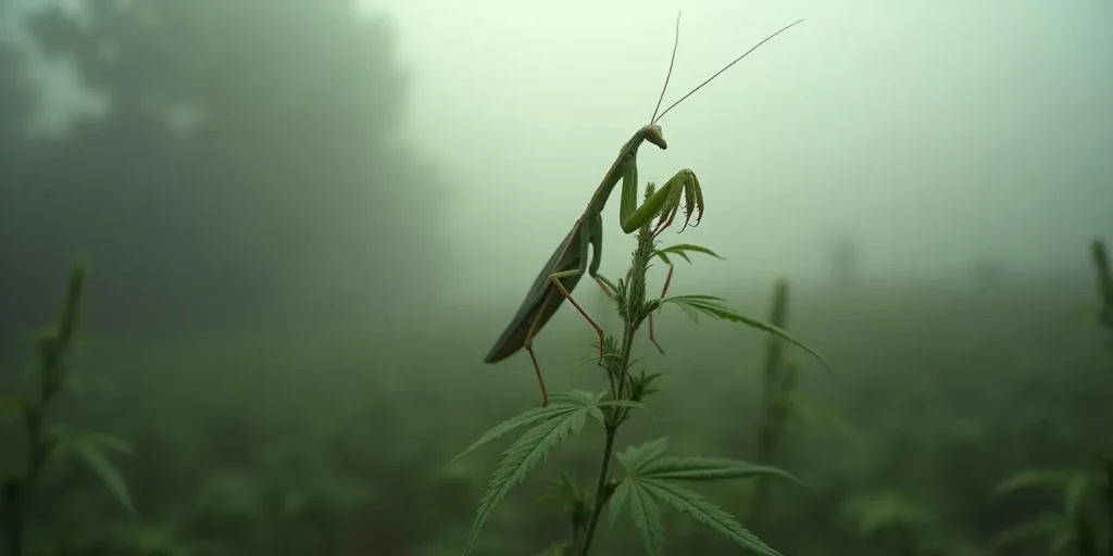 Gottesanbeterin sitzt auf Cannabisstängel in nebliger Landschaft.
