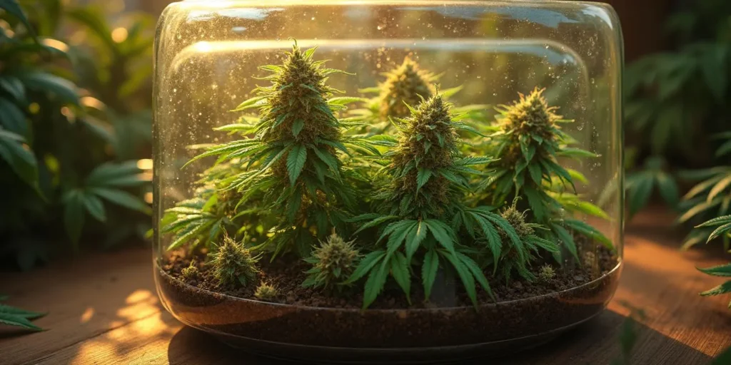 Cannabis in geschlossenem Glasterrarium mit hoher Luftfeuchtigkeit.