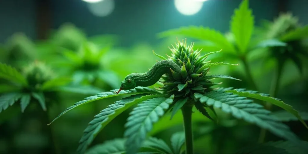 Grüne Wurmlarve frisst an Cannabis-Klonpflanze im Indoor-Anbau.