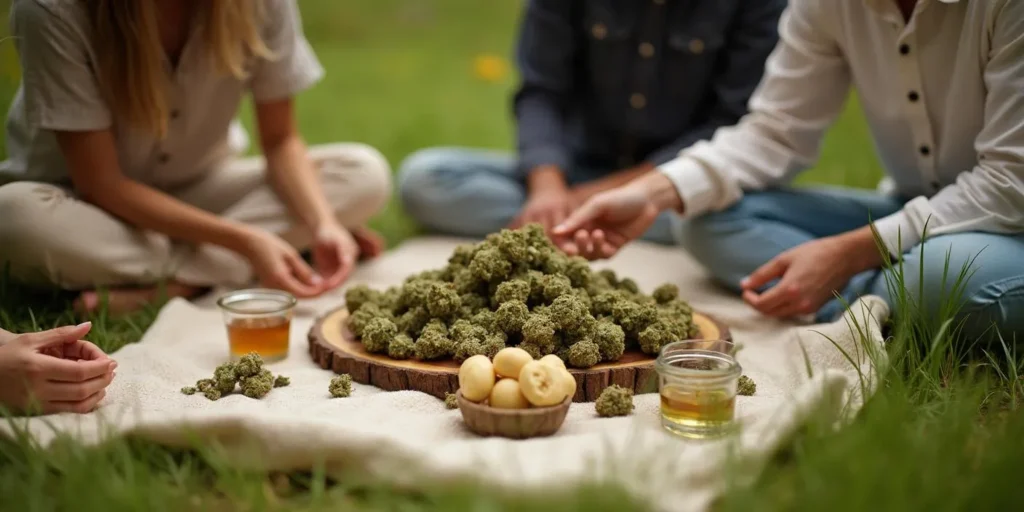 Menschen sitzen im Kreis mit Cannabisprodukten und Honig auf einer Picknickdecke.