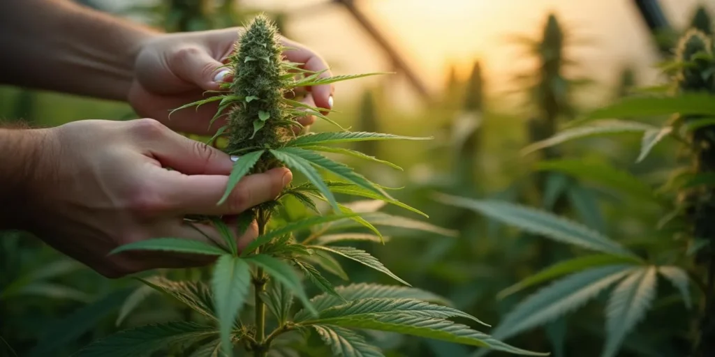 Gärtner schneidet vorsichtig eine Blüte einer reifen Cannabispflanze.
