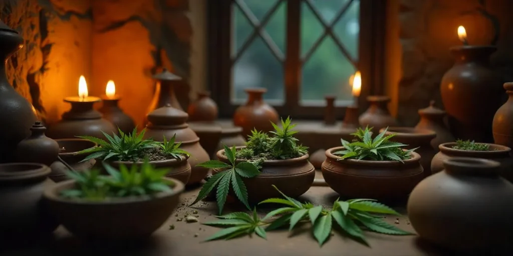Afrikanische Wurzeln des Cannabis in traditionellen Tongefäßen.