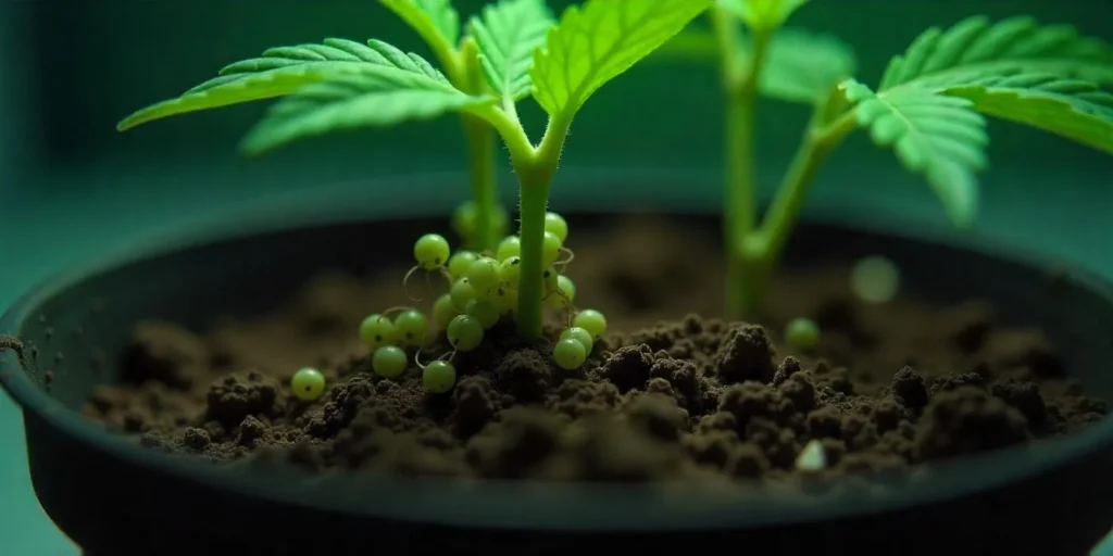 Insekteneier an Cannabiswurzeln im Topf unter Kunstlicht gesammelt.