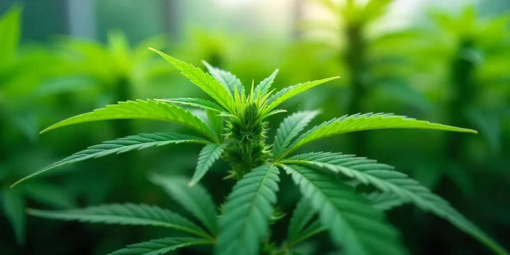 Junge Cannabisblätter mit ersten Anzeichen von Luftwurzeln.