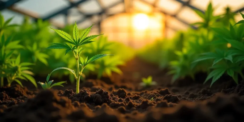 Junge Cannabispflanze im Gewächshaus mit optimaler Wurzelentwicklung.