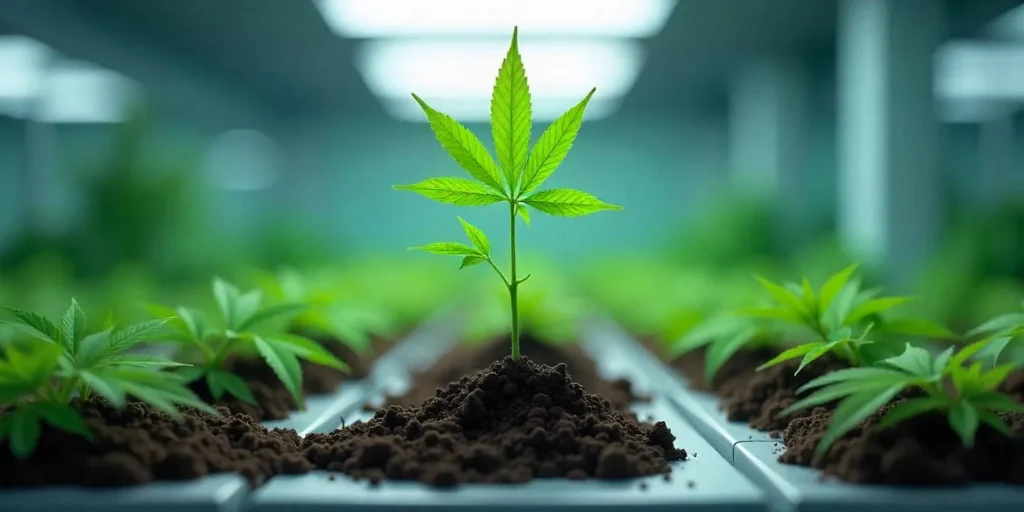 Junge Cannabispflanze mit aeroponischen Wurzeln unter LED-Beleuchtung.
