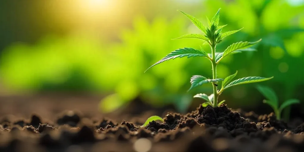 Junge Cannabispflanze in Erde: anfällig für Wurzelläusebefall bei feuchten Bedingungen.
