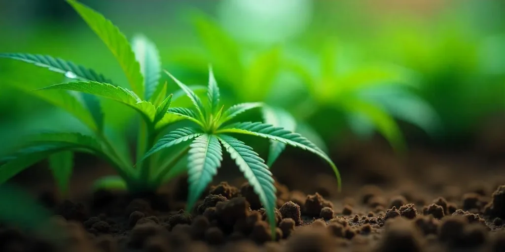 Junge Cannabispflanze wächst gesund in dunkler, lockerer Erde.