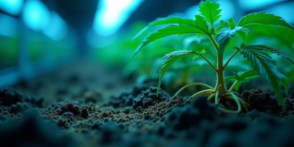 Junge Cannabispflanze mit beginnendem Wurzelwachstum im Boden.