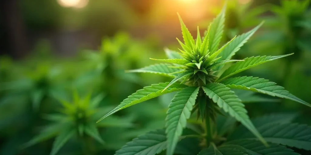 Junge, vital aussehende Cannabispflanze in natürlicher Umgebung bei Tageslicht.