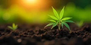 Cannabis-Steckling mit Wurzeln, aber ohne Spitze im Boden.