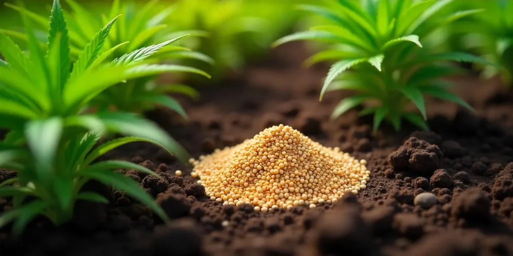 Kaliumdünger-Granulat liegt im Boden zwischen jungen Cannabispflanzen.