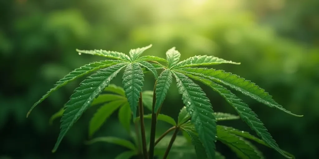 Nahaufnahme von Cannabisblättern mit kleinen Löchern und Tau.