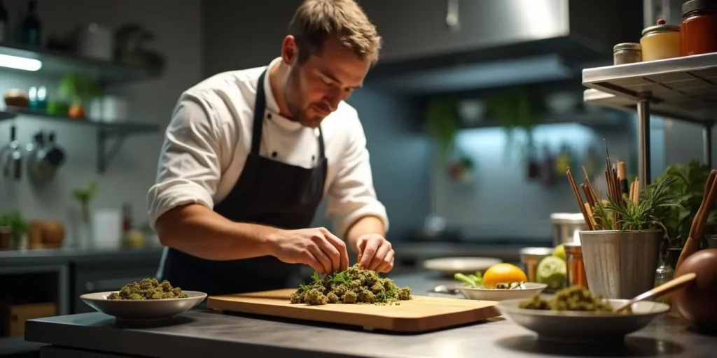 Ein Koch richtet in einer modernen Küche Cannabisblüten auf einem Schneidebrett an.