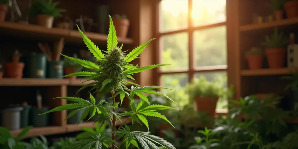 Dieser Cannabis Sämling wächst langsam trotz natürlichem Licht. Mögliche Gründe: pH-Wert-Probleme, Überdüngung oder Nährstoffmangel im Substrat.