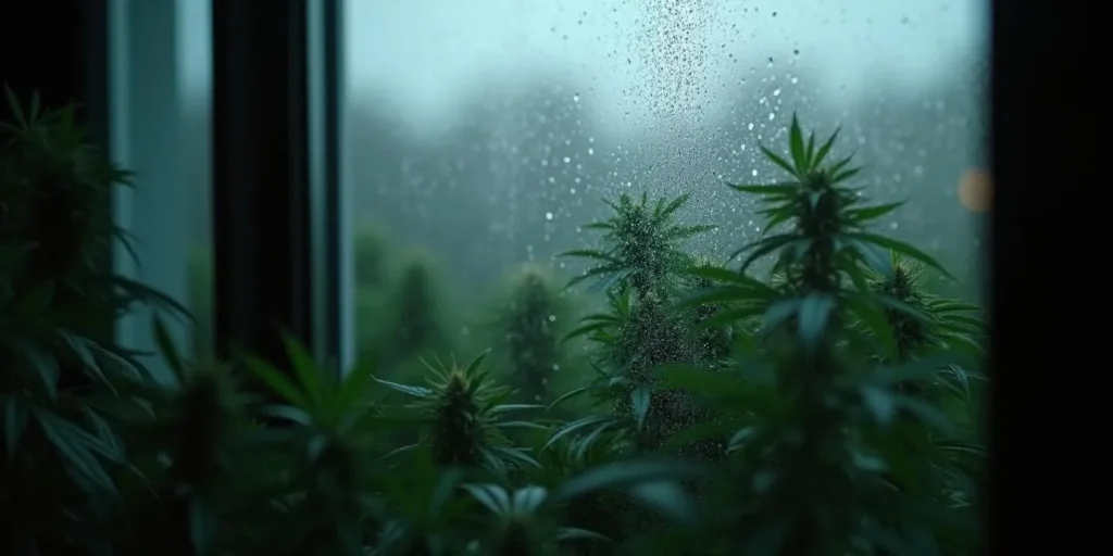 Fenster beschlagen durch hohe Luftfeuchtigkeit im Cannabisraum.