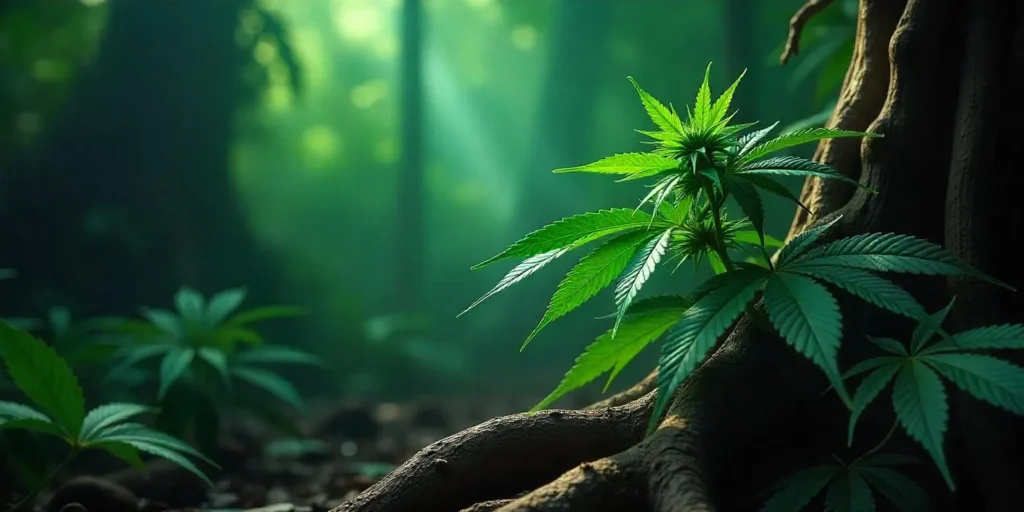 Luftwurzeln an Cannabisblättern im natürlichen Umfeld.