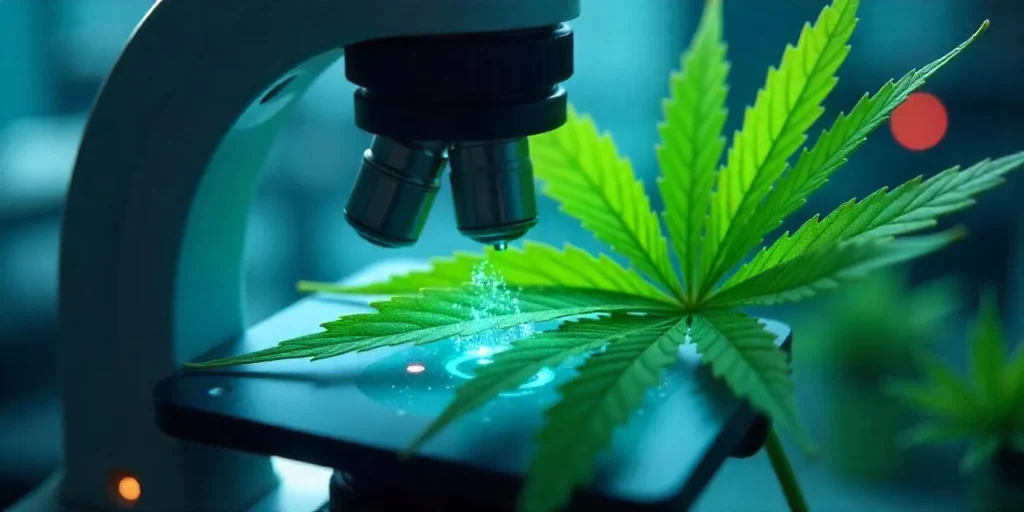 Mikroskopische Analyse einer Cannabisblattstruktur: Fokus auf Xylem und Phloem.
