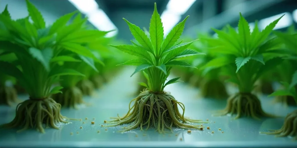 Weißer Schimmel an Cannabiswurzeln im DWC-System unter LED-Licht.