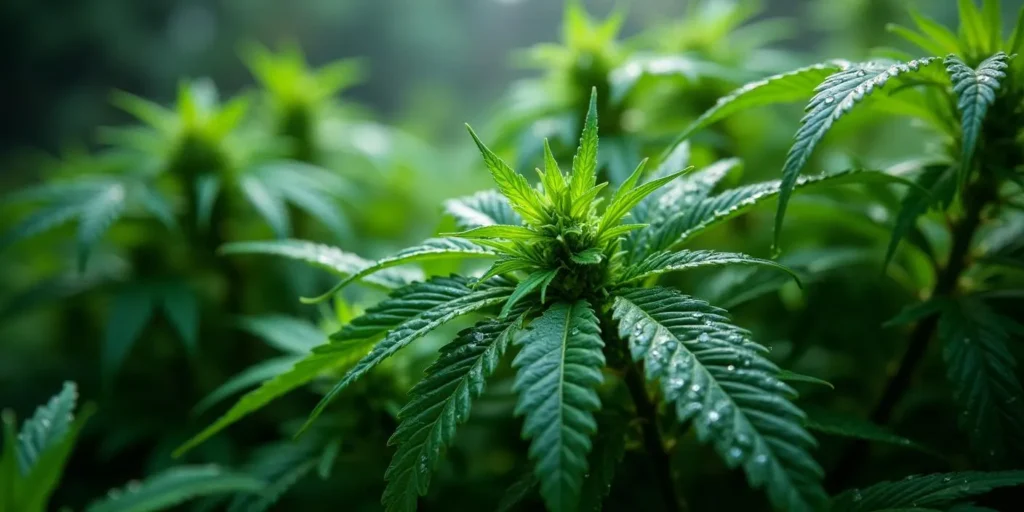 Nasse Cannabispflanzen mit Tropfen auf Blättern bei hoher Feuchte.
