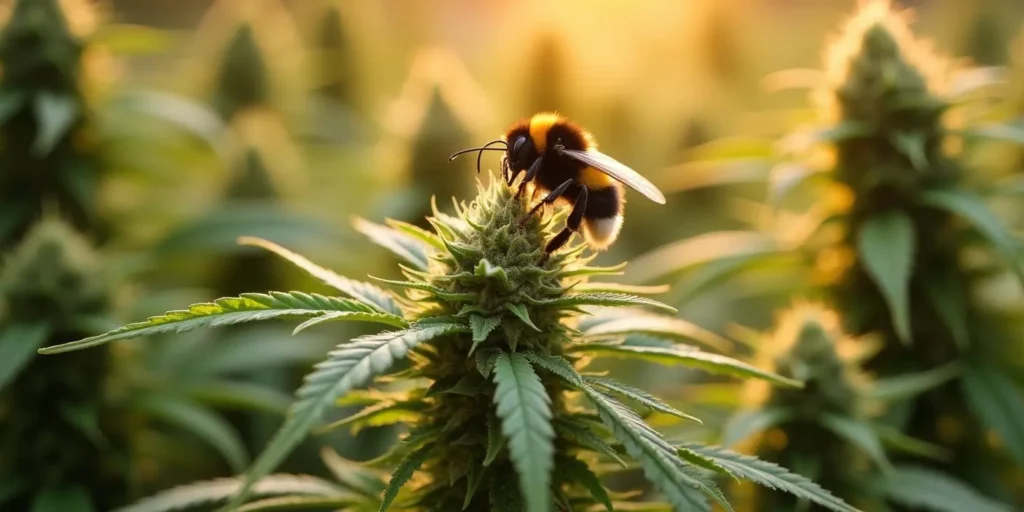 Hummel auf einer blühenden Cannabispflanze bei Sonnenuntergang.