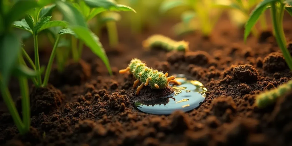 Nützliche Raupe auf feuchtem Boden zwischen jungen Cannabispflanzen.