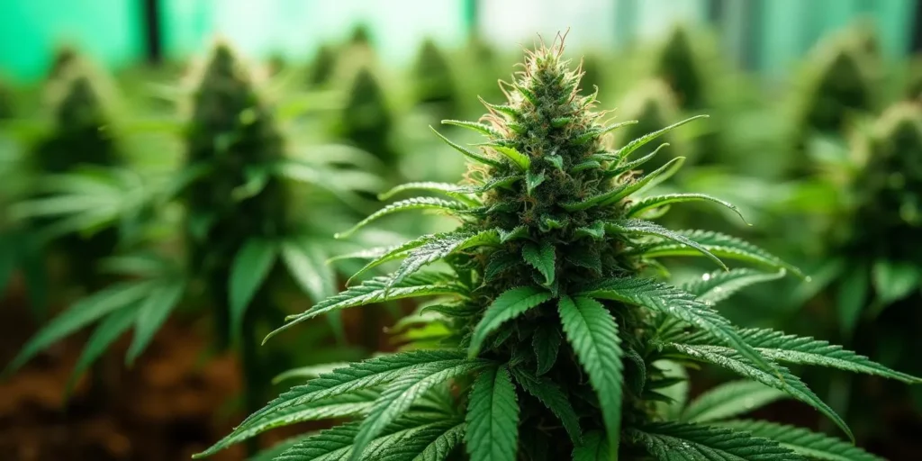 Nahaufnahme einer blühenden Cannabis-Pflanze mit gesunden Blättern.
