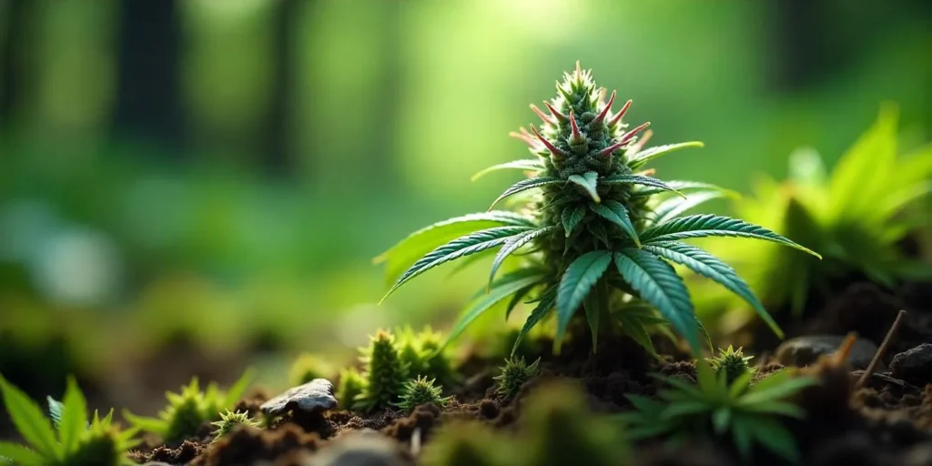 Cannabis-Pflanze im Freien mit lila Stängeln und gesunden grünen Blättern.