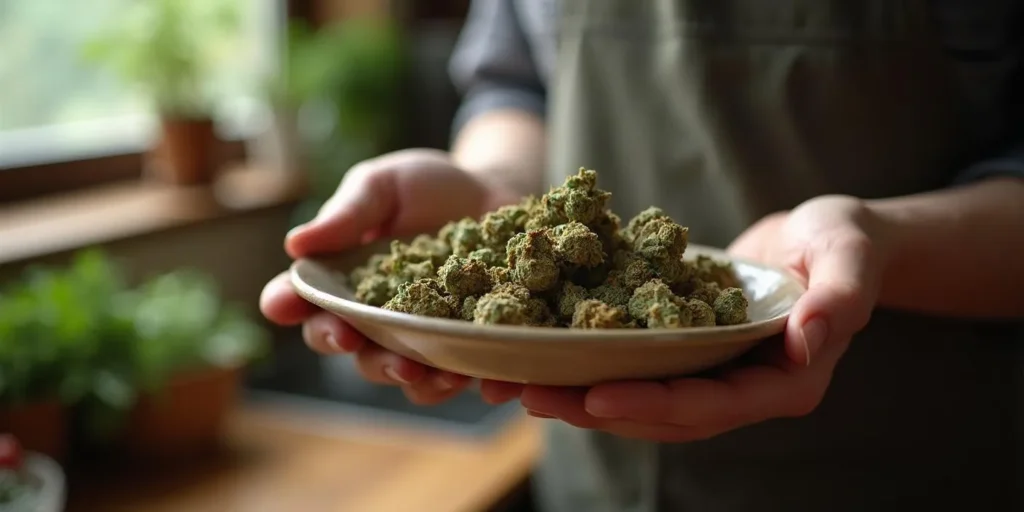 Teller mit getrockneten Cannabisblüten wird von einer Person in der Küche gehalten.
