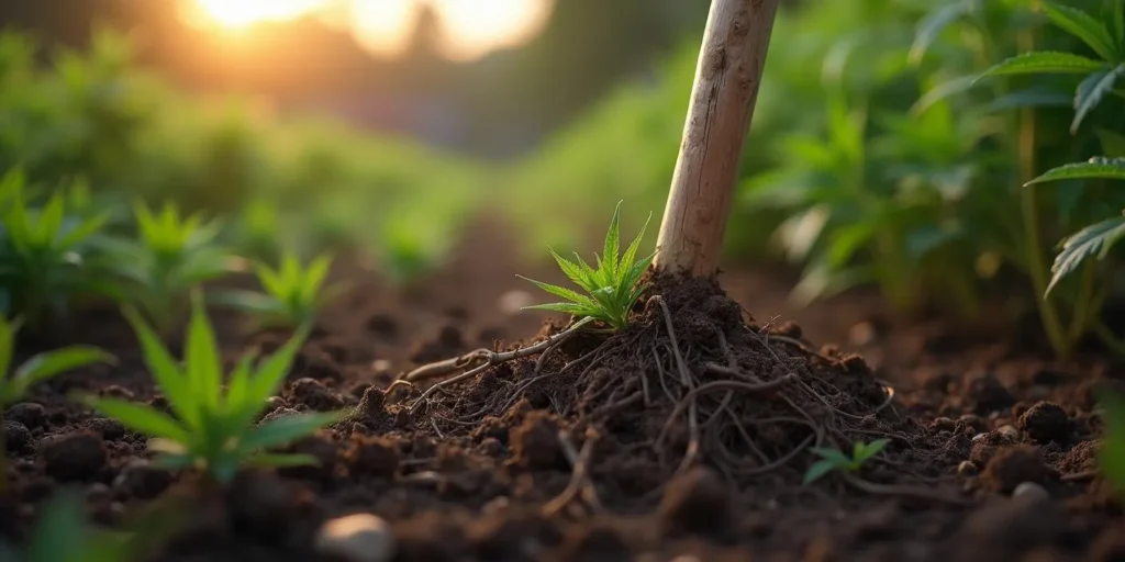 Holzpflock nahe Cannabispflanze durch das Wurzelsystem getrieben.