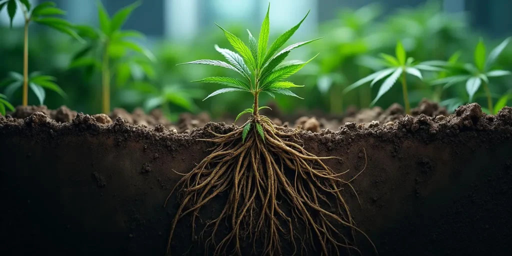 Cannabispflanze im Bodenquerschnitt mit vollständig sichtbarem Wurzelsystem.