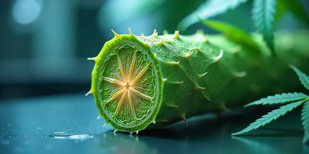 Querschnitt durch einen Cannabisstängel: sichtbar sind Xylem und Phloem-Leitbündel.