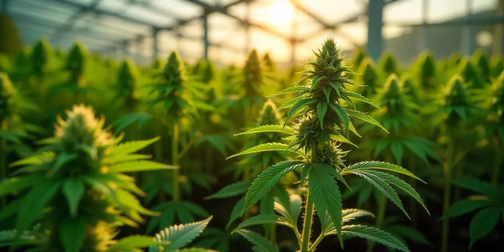 Reife Cannabispflanze mit aeroponischen Wurzeln in einem kontrollierten Indoor-Anbau.