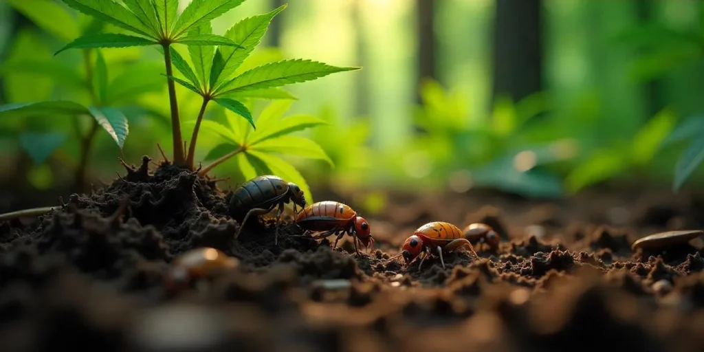 Schädlinge fressen die Wurzeln von Cannabispflanzen im Erdreich.