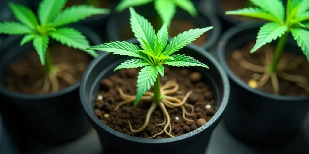 Eine dichte, spiralförmige Wurzelstruktur im Topf zeigt typische Anzeichen für Wurzelbindung bei Cannabispflanzen und hemmt das Pflanzenwachstum.