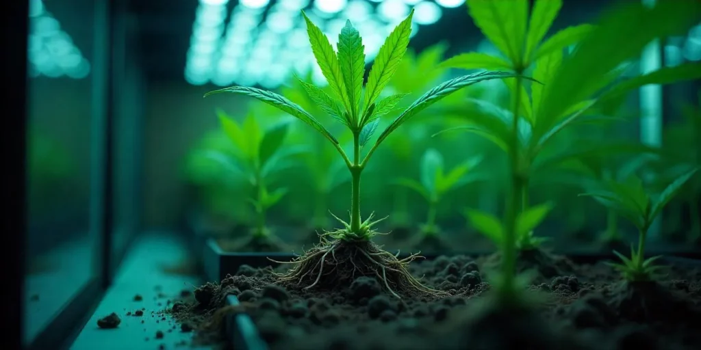 Sichtbare Cannabiswurzeln mit gesundem Wachstum im Substrat.