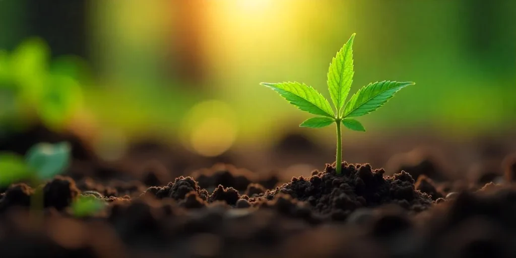 Cannabiswurzel wächst aus der Erde heraus bei direkter Sonne.