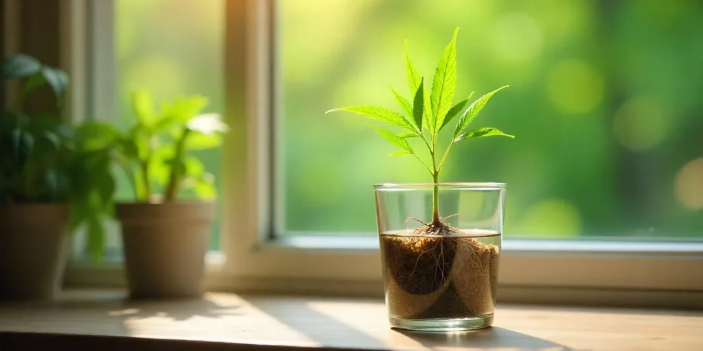 Cannabis-Steckling mit Wurzeln, aber ohne Spitze im Wasserglas.