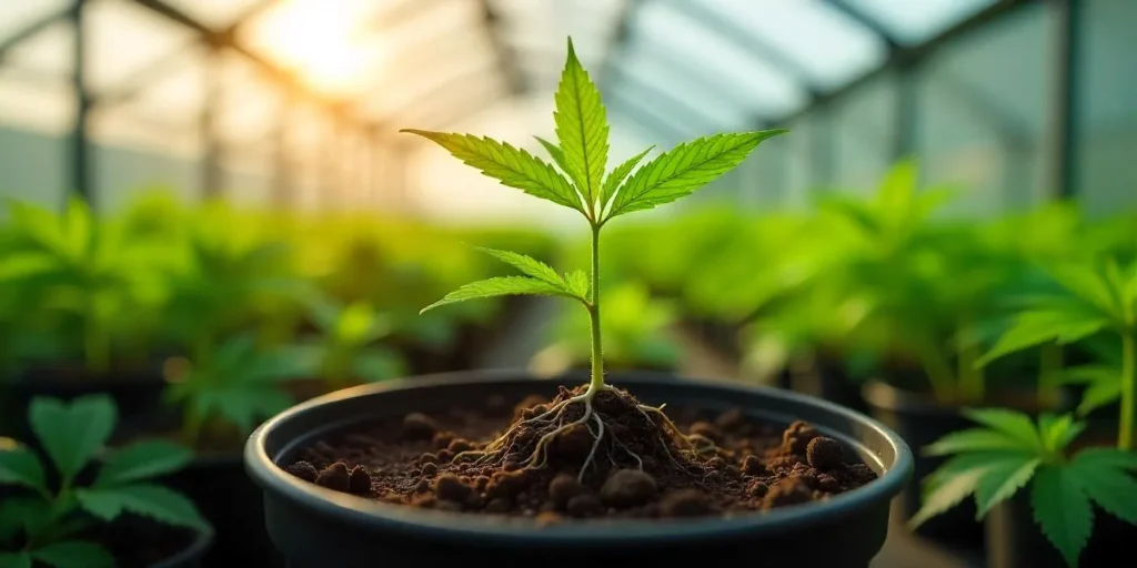 Frühe Symptome für Wurzelbindung bei Cannabis, herauswachsende Wurzeln deuten auf Topfwechselbedarf hin.