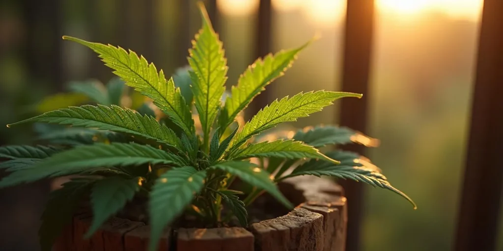 Kleine Löcher an Cannabisblättern im Blumentopf auf Balkon.