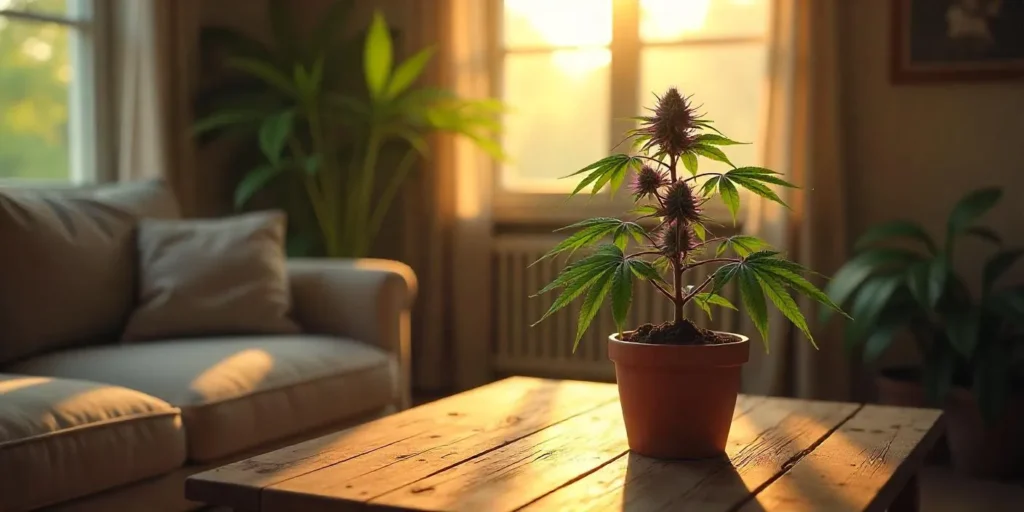 Cannabispflanze mit lila Stängeln und grünen Blättern auf einem Holztisch bei Sonnenlicht.