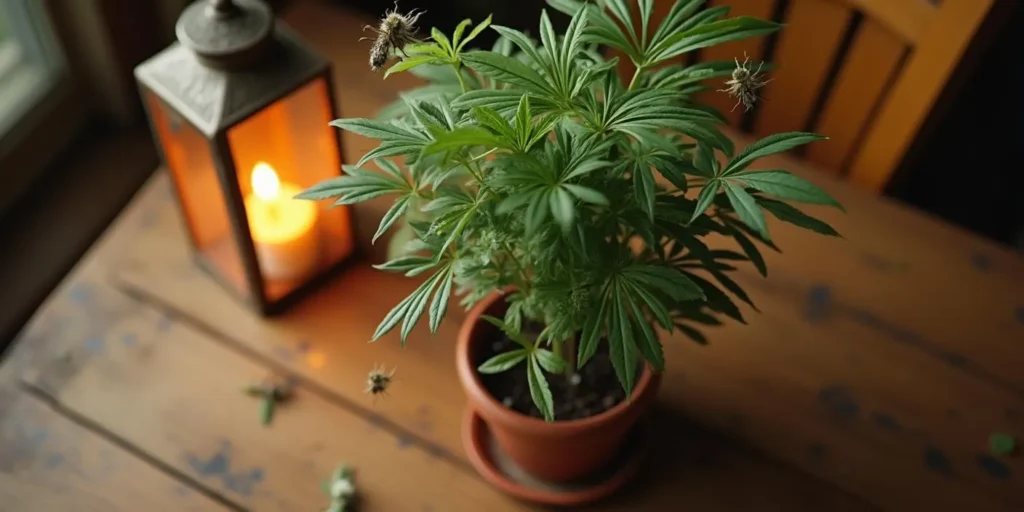 Cannabispflanze im Topf mit Trauermückenbefall am Fenster.