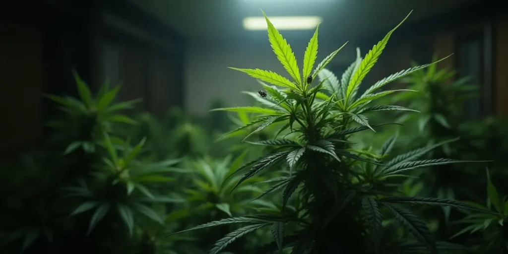 Trauermücken an Cannabispflanzen im Indoor-Grow. Vorbeugung durch gelbe Klebefallen und gut durchlüftetes Substrat ist entscheidend.