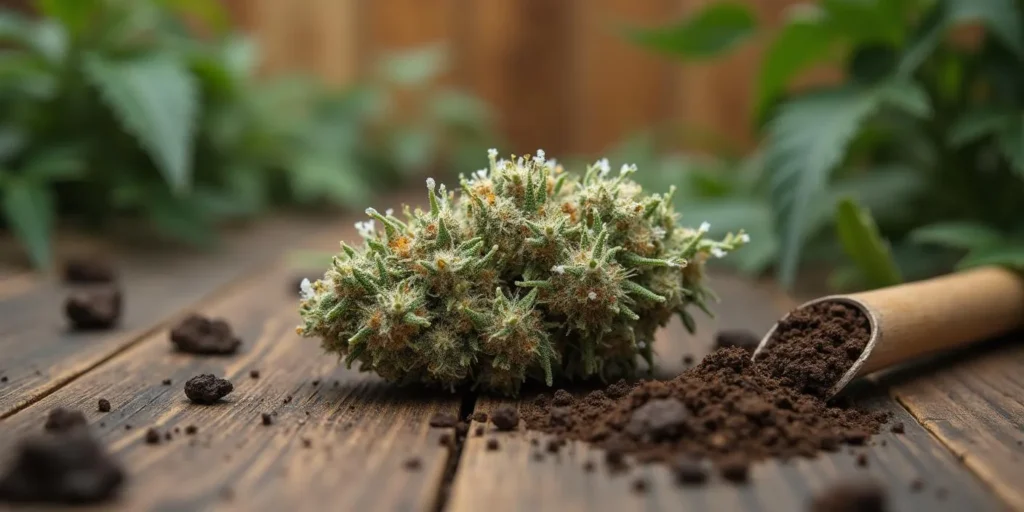 Trockene Cannabis Bud auf Holz, frei von Schimmel, frisch geerntet.