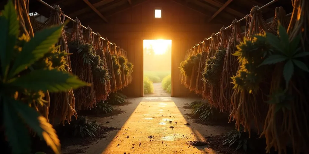 Getrocknete Cannabispflanzen hängen kopfüber in einer traditionellen Scheune bei Sonnenuntergang.