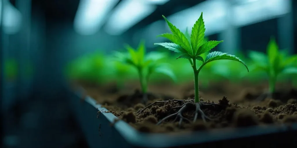 Verbrannte Wurzeln bei Cannabis-Sämlingen in Indoor-Anlage sichtbar.